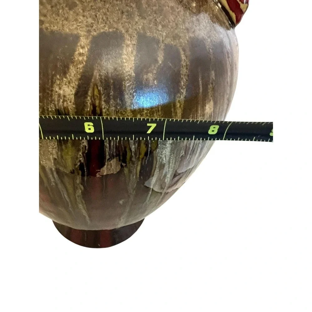 Vtg Vase Ceramic Drip‎ Glaze Metallic Gold Red Olive Swirl Handles Mystique 12in